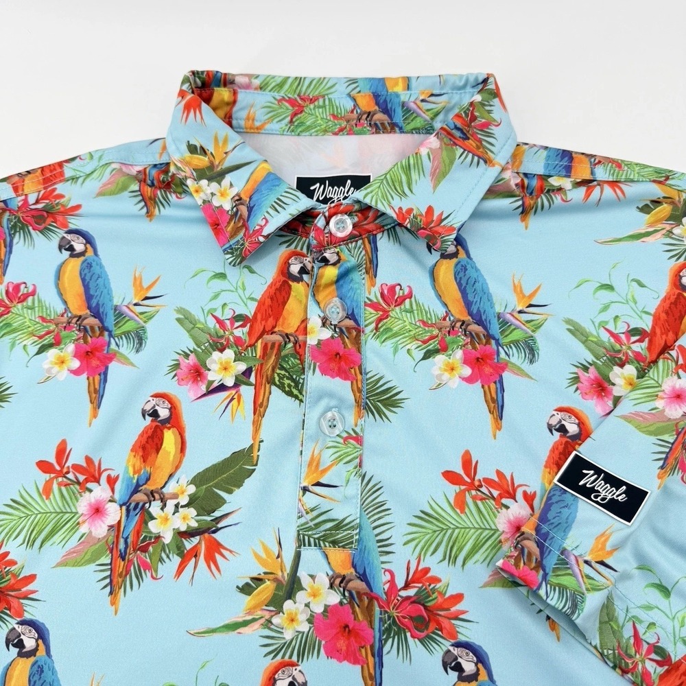 Waggle Polo Shirt Mens XL Blue Parrot Tropical Floral Performance Stretch Golf - Picture 7 of 8